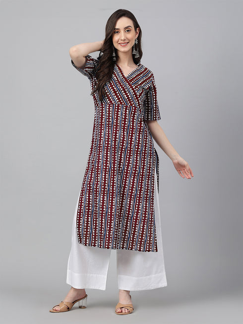 Maroon Pure Cotton Geometric Printed Straight Kurta